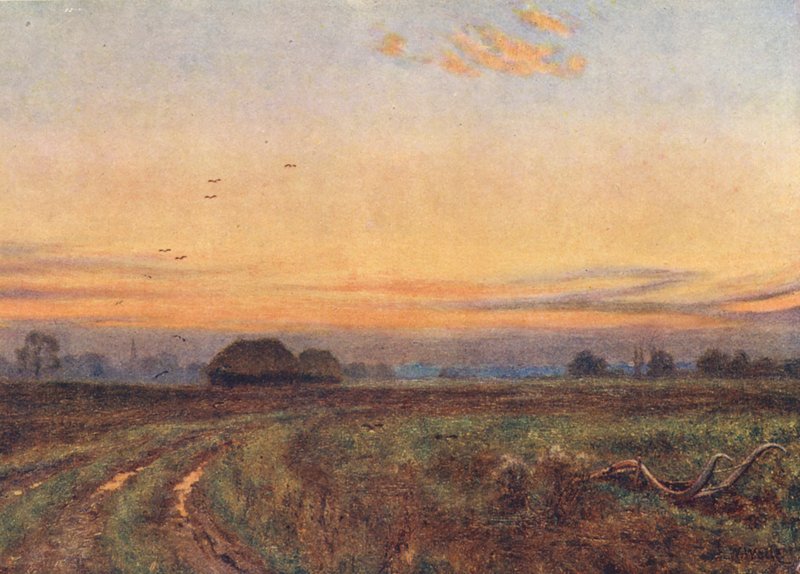 Aurinko laskee... Maa kuin väsynyt lapsi kääntää kasvonsa yön syleilyyn (värilitografia). tekijältä Edward Wilkins Waite