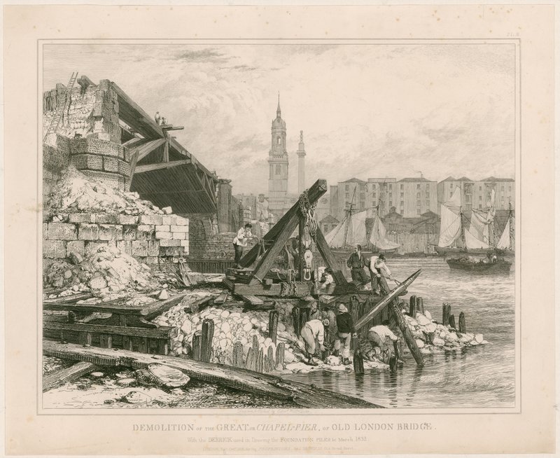 Old London Bridgen osan purkaminen. maaliskuuta 1832 tekijältä Edward William Cooke