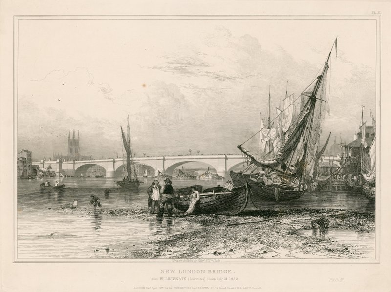 New London Bridge, Billingsgate (matala vesi), piirretty 31. heinäkuuta 1832 tekijältä Edward William Cooke
