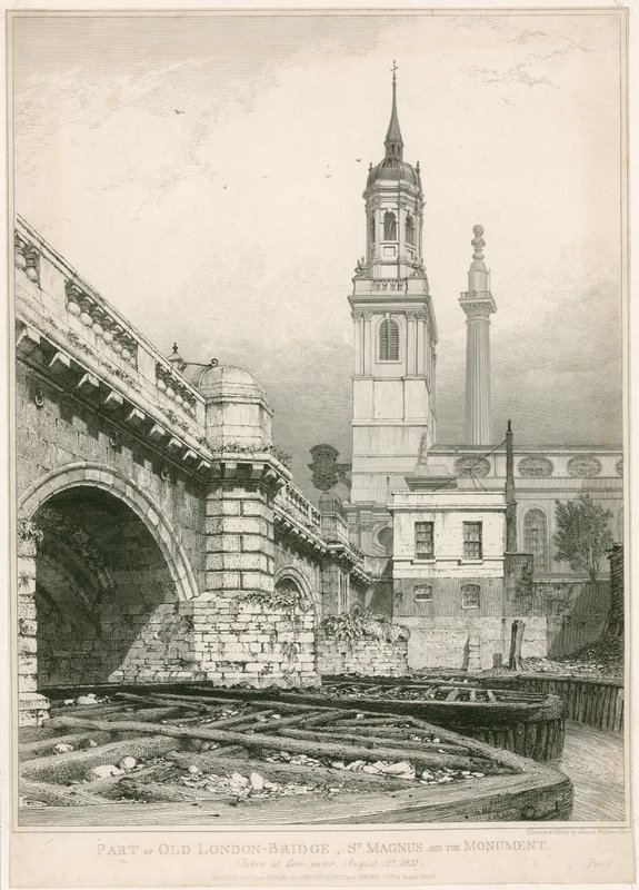 Osa Old London Bridgeä, St Magnusta ja monumenttia tekijältä Edward William Cooke