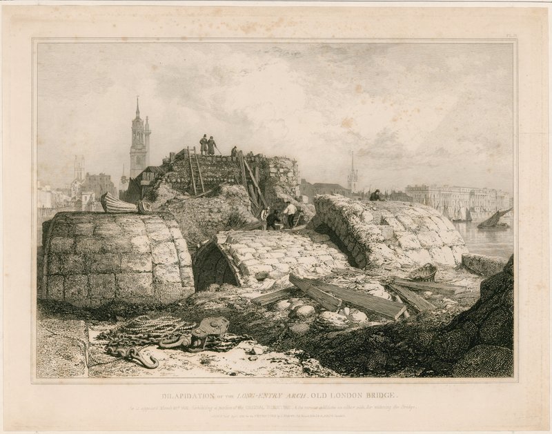 Osa Old London Bridgeä sellaisena kuin se ilmestyi kesäkuussa 1832 tekijältä Edward William Cooke