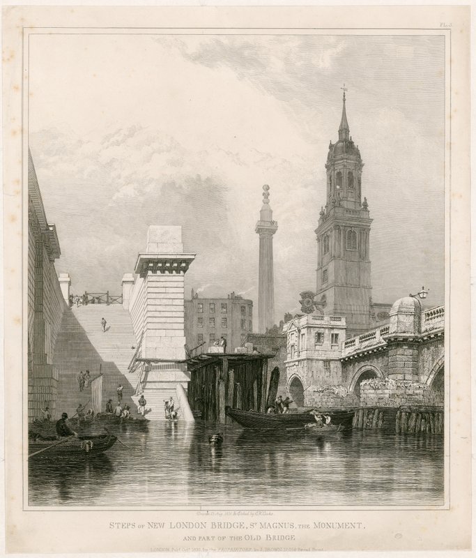 New London Bridgen portaat, St Magnus, monumentti ja osa Old Bridgeä tekijältä Edward William Cooke