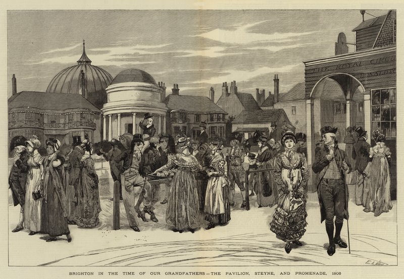 Brighton isoisiemme aikana, paviljonki, Steyne ja Promenade, 1805 tekijältä Edwin Austin Abbey