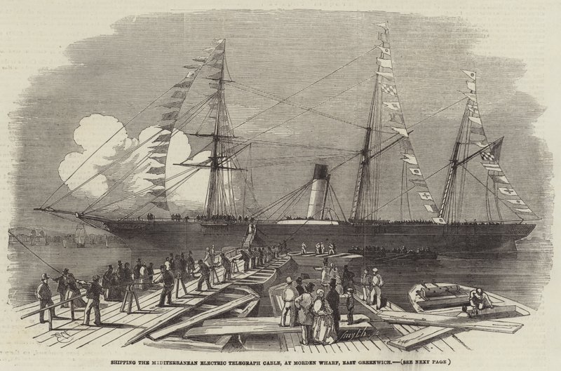 Välimeren sähkölennätinkaapelin toimitus Morden Wharfissa, East Greenwichissä tekijältä Edwin Weedon