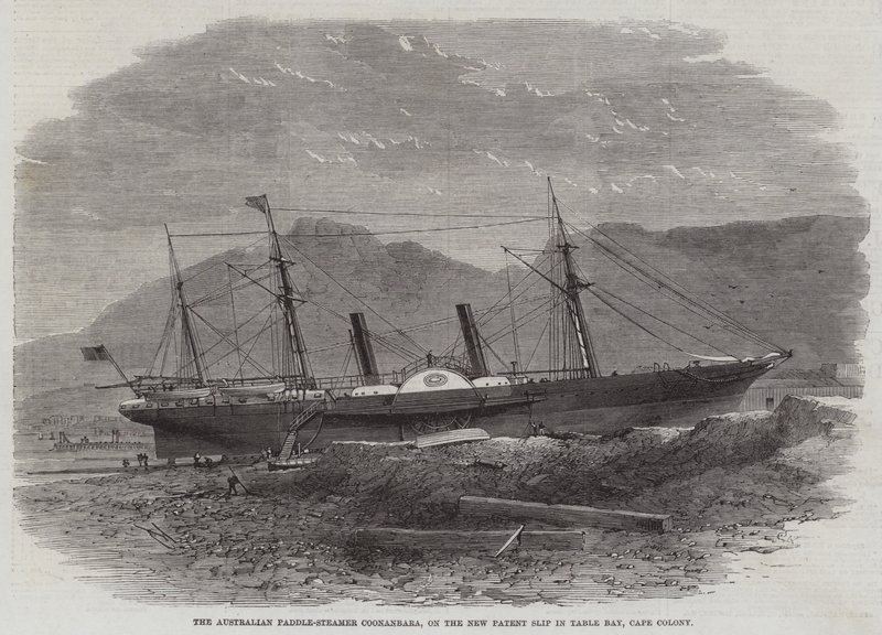 Australian paddle-steamer Coonanbara, uudella patenttiliuskalla Table Bayssa, Cape Colonyssa tekijältä Edwin Weedon