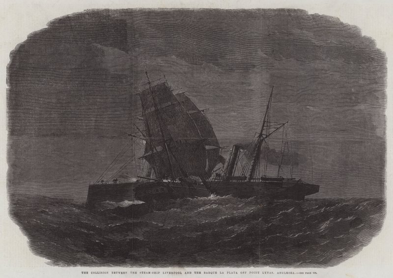 Höyrylaivan Liverpoolin ja Barque la Platan törmäys Point Lynasissa, Angleseassa tekijältä Edwin Weedon