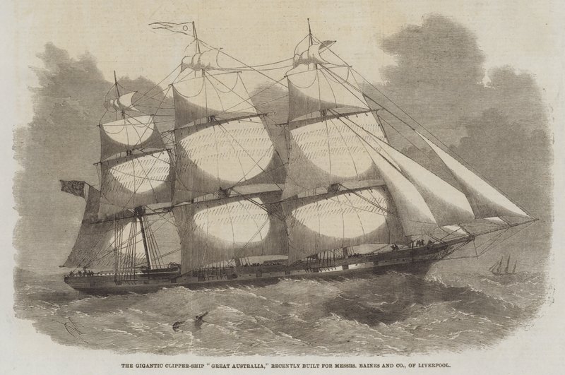 Jättimäinen Clipper-Ship Great Australia, äskettäin rakennettu Liverpoolin Messers Baines and Companylle tekijältä Edwin Weedon