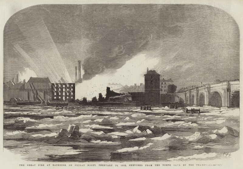 Suuri tulipalo Banksidessa perjantai-iltana, 16. helmikuuta 1855, piirretty Thamesin pohjoisrannalta tekijältä Edwin Weedon