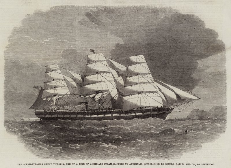 Screw-Steamer Great Victoria, yksi Liverpoolin Messers Baines and Companyn perustamasta Australiaan suuntautuneesta lisähöyryleikkureista tekijältä Edwin Weedon