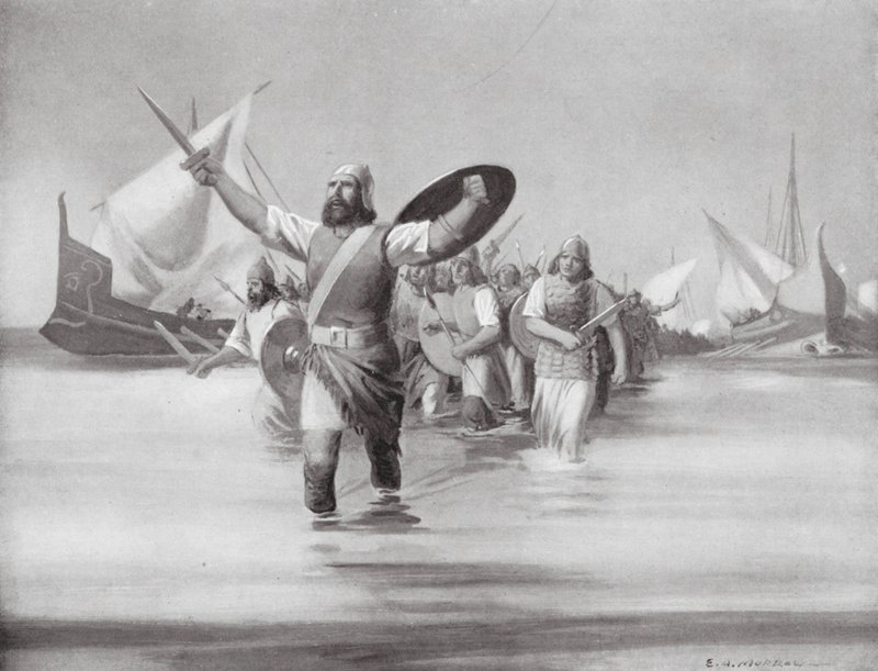 Sidonialaiset laskeutuvat Karthagon alueelle (litografia). tekijältä Edwin A. Morrow