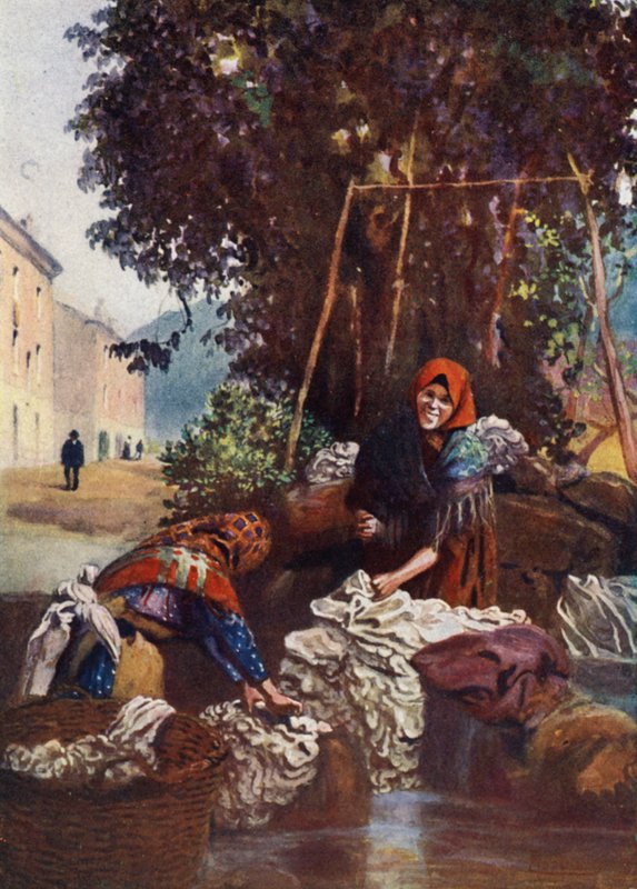 Korsika: Nainen pesee liinavaatteita (väri litho) tekijältä Edwin Arthur Norbury
