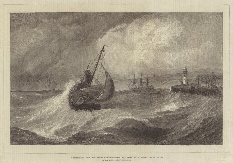 Freshhening Gale, Scarborough, kalastusveneet palaavat satamaan Royal Academy -näyttelyssä tekijältä Edwin Hayes