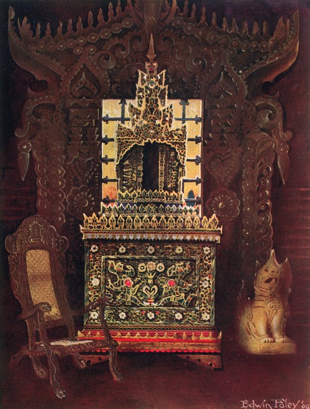 Aasialaisia huonekaluja Lord Curzon of Kedlestonin kokoelmasta, G.C.S.I., D.C.L. jne. Burmalainen veistetty ja kullattu oviaukko Mandalaysta. Buddhalainen käsikirjoituslaatikko (Poongyi) ja pyhäkkö (Sadaik) Wood E tekijältä Edwin John Foley