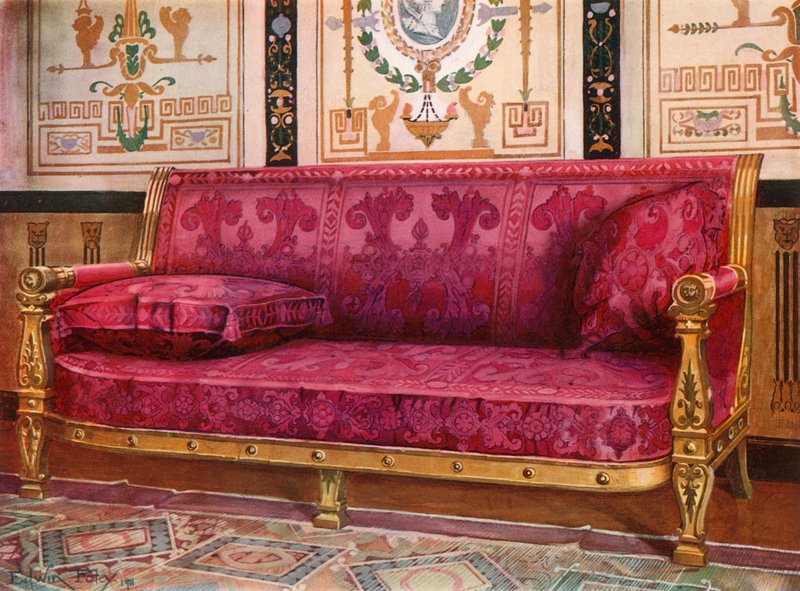 Veistetty kullattu sohva katettu Rose Brocade de Lyonsissa tekijältä Edwin John Foley