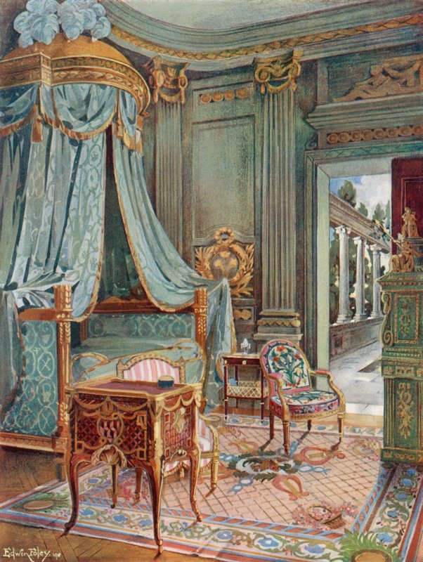Veistetty ja kullattu draped kupolisänky. Bureau-Toilette (tai Petit Secretaire) Marqueteriessa. Cartonnier vihreää lakkaa tekijältä Edwin John Foley
