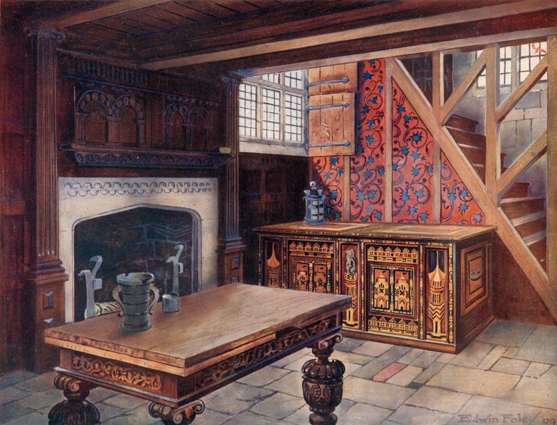 Upotekoristeinen Nonesuch Rinta. Veistetty "piirustus" -pöytä, Shibden Hall. Chiddingstonessa veistetty savupiippu. Varhaisin englantilainen taustakuva Borden Hallissa tekijältä Edwin John Foley