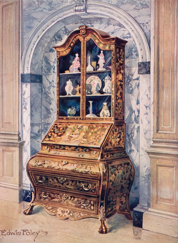Upotekoristeinen Walnut Bombe Bureau-Cabinet tekijältä Edwin John Foley