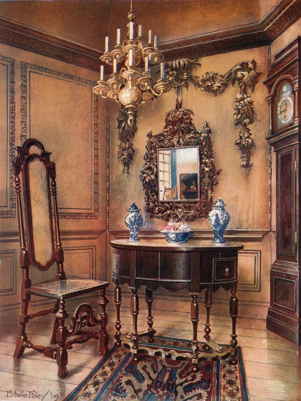 Panelointi, Grinling Gibbon Carvings. Peilikehys, pähkinäpöytä, William ja Mary. Walnut Chair, Charles Wesley