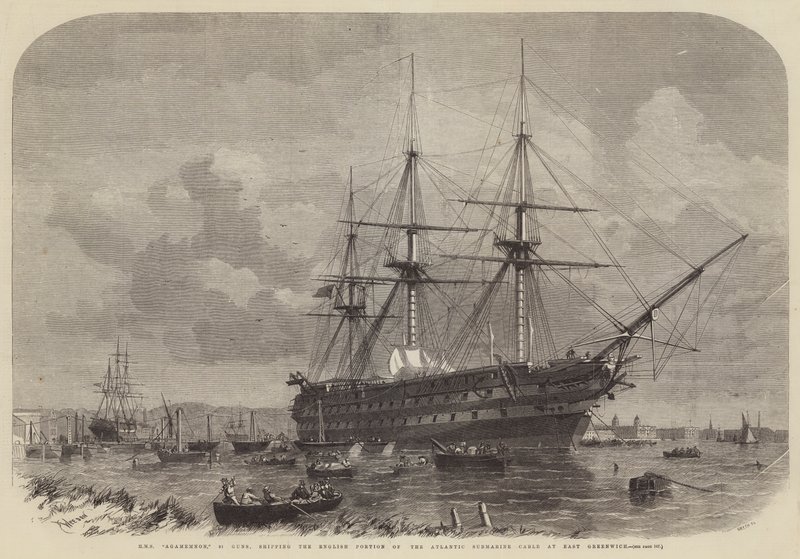 HMS Agamemnon, 91 Guns, toimittaa englantilaisen Atlantin sukellusvenekaapelin osan East Greenwichissä tekijältä Edwin Weedon