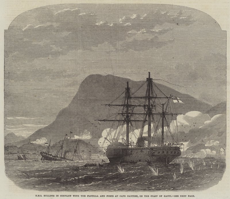 HMS Bulldog ristiriidassa laivueen ja linnoitusten kanssa Cape Haytienissa Haytin rannikolla tekijältä Edwin Weedon