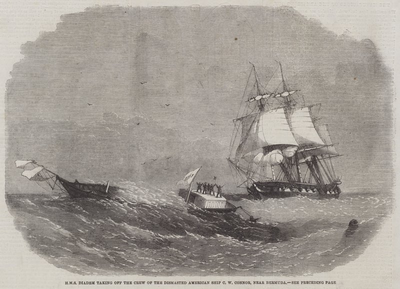 HMS Diadem lähdössä romutun amerikkalaisen aluksen C W Connorin miehistöön lähellä Bermudaa tekijältä Edwin Weedon