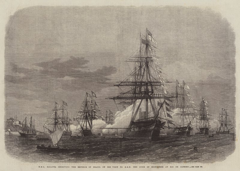 HMS Galatea vastaanottaa Brasilian keisarin hänen vierailullaan Edinburghin herttua HRH:n luona Rio de Janeirossa tekijältä Edwin Weedon
