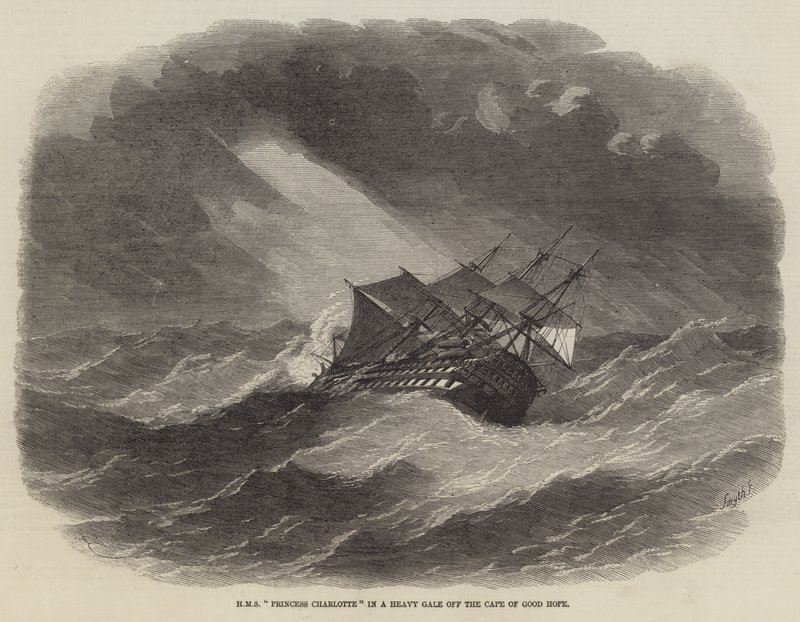 HMS Princess Charlotte kovassa myrskyssä Hyvän toivon niemellä. tekijältä Edwin Weedon