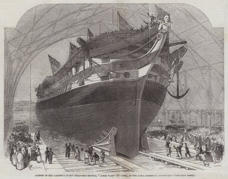 Hänen Majesteettinsa Screw Steam-Ship-of-War, James Watt (90 Guns) laukaisua kuninkaallisessa telakalla, Pembroke tekijältä Edwin Weedon