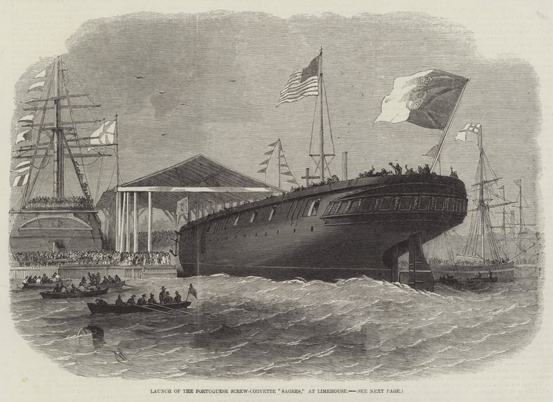 Portugalilaisen Screw-Corvette Sagresin lanseeraus Limehousessa tekijältä Edwin Weedon