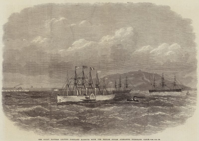 Great Eastern lähtee Portlandin satamasta brittiläisen Intian sukellusveneen lennätinkaapelilla tekijältä Edwin Weedon