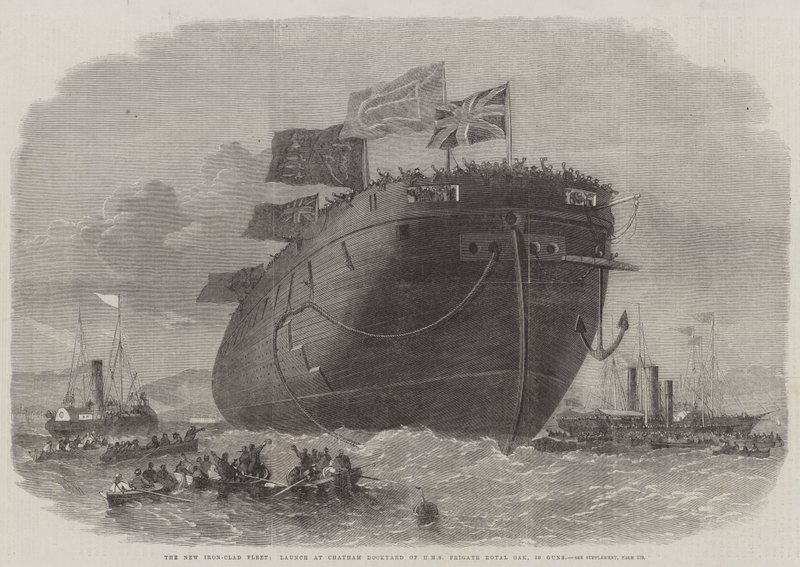 Uusi rautapukuinen laivasto, laukaisu Chathamin telakalla HMS Fregate Royal Oak, 50 tykkiä tekijältä Edwin Weedon