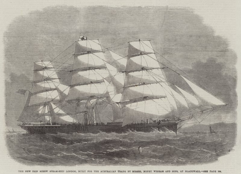 Uusi Iron Screw Steam-Ship London, jonka on rakentanut Australian Trade, Messers Money Wigram and Sons, Blackwallissa tekijältä Edwin Weedon