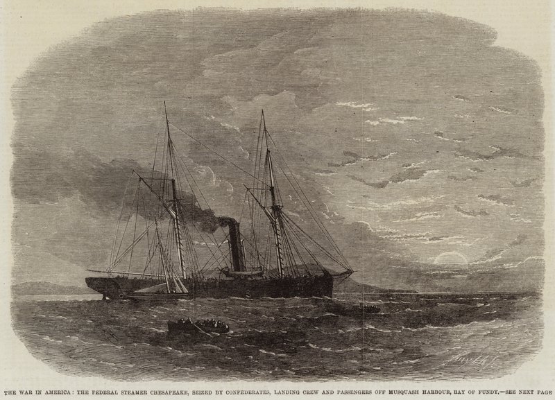 Sota Amerikassa, liittovaltion höyrylaiva Chesapeake, konfederaation valtaama, miehistö ja matkustajat laskeutuvat Musquash Harbourin edustalle, Bay of Fundyn tekijältä Edwin Weedon
