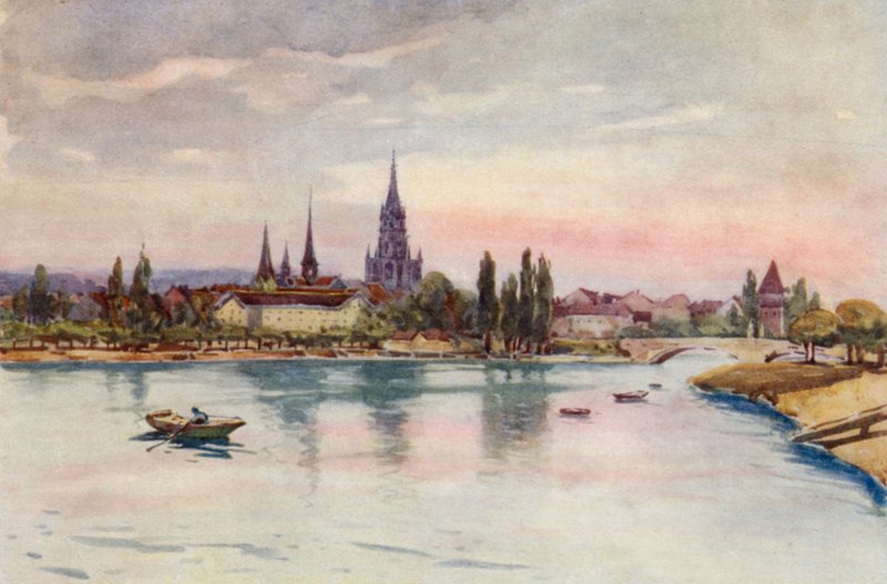 Rein: Konstanz, Konstanz, järveltä päin (värilitografia). tekijältä Effie Jardine