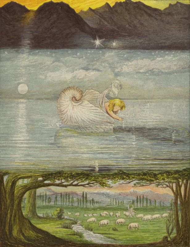Kultainen vene suurella, suurella vedellä (väri litho) tekijältä Eleanor Fortescue Brickdale