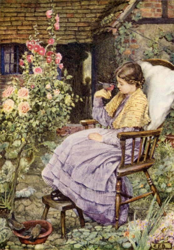 "Mutta mitä ovat Lintujen äänet muuta kuin sanat, meidän sanamme?" (väri litho) tekijältä Eleanor Fortescue Brickdale