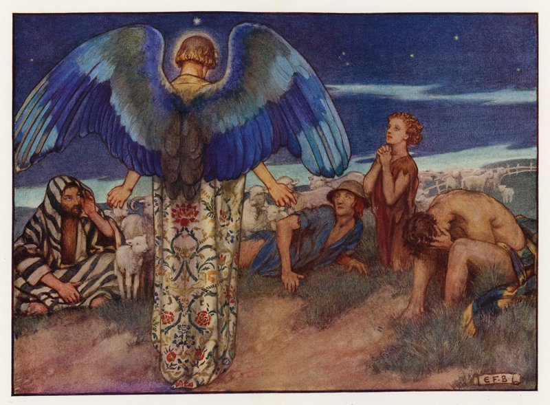 Carols: Kun paimenet katselivat (väri litho) tekijältä Eleanor Fortescue Brickdale