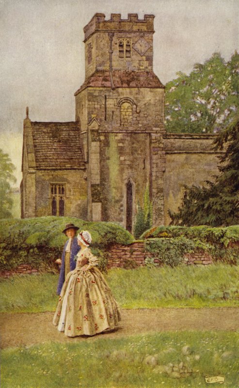 Poistun kirkosta saarnan aikaan (värilitho) tekijältä Eleanor Fortescue Brickdale