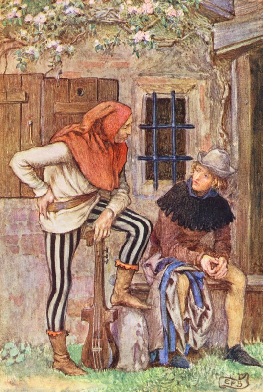 Michael Fairlessin kuvitus elokuvaan The Gathering of Brother Hilarius (värilitografia). tekijältä Eleanor Fortescue Brickdale