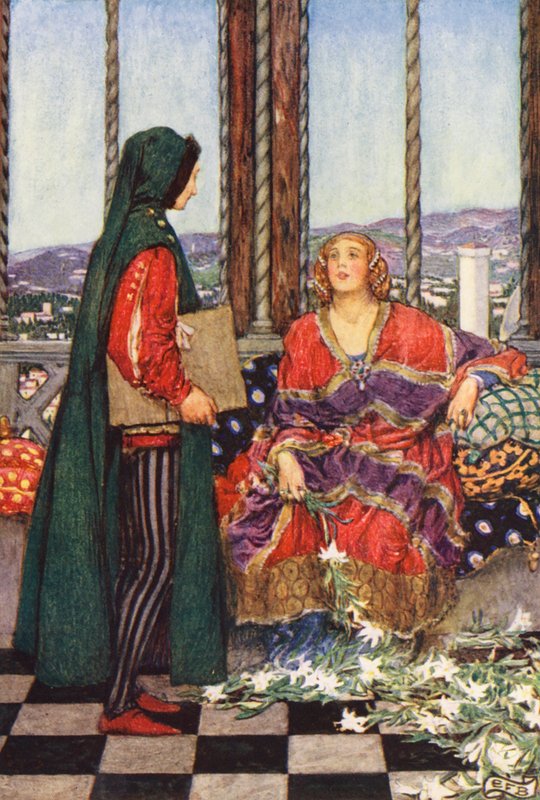 Michael Fairlessin kuvitus elokuvaan The Gathering of Brother Hilarius (värilitografia). tekijältä Eleanor Fortescue Brickdale