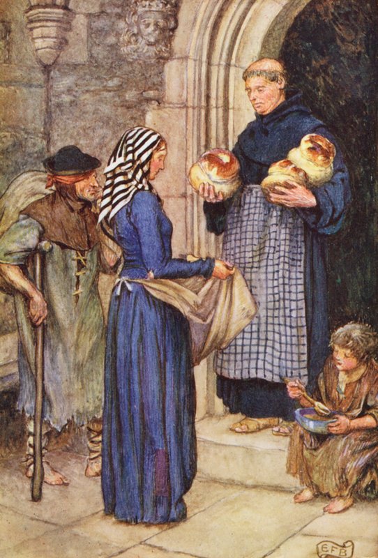Michael Fairlessin kuvitus elokuvaan The Gathering of Brother Hilarius (värilitografia). tekijältä Eleanor Fortescue Brickdale