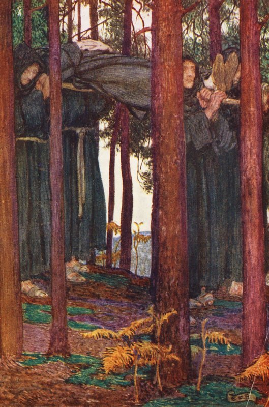 Michael Fairlessin kuvitus elokuvaan The Gathering of Brother Hilarius (värilitografia). tekijältä Eleanor Fortescue Brickdale