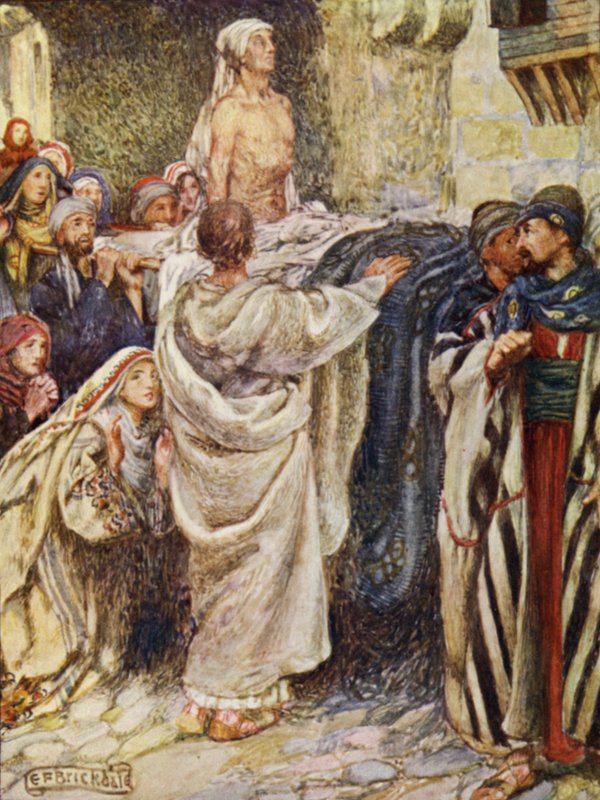 El fill de la vídua criat a Nain (litografia de color) finlandès tekijältä Eleanor Fortescue Brickdale