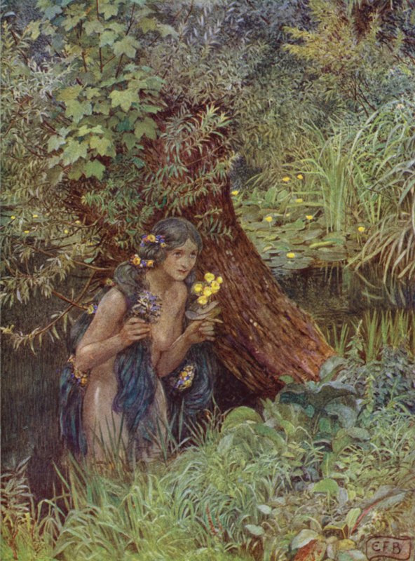 Kauniisti vihertävillä lukoilla, kaikki löysällä irti, Kuten jokainen oli morsian (väri litho) tekijältä Eleanor Fortescue Brickdale