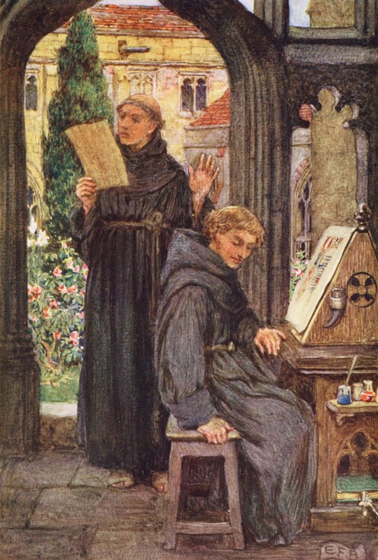 Michael Fairlessin kuvitus elokuvaan The Gathering of Brother Hilarius (värilitografia). tekijältä Eleanor Fortescue Brickdale