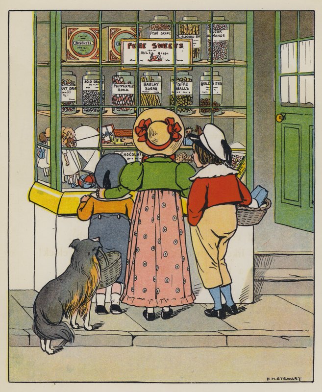 lauantai, ostosaika (väri litho) tekijältä Elise H. Stewart