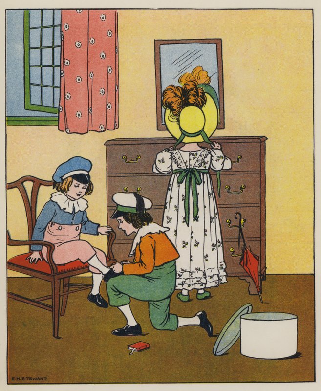 Sunnuntai, pukeutumisaika (väri litho) tekijältä Elise H. Stewart