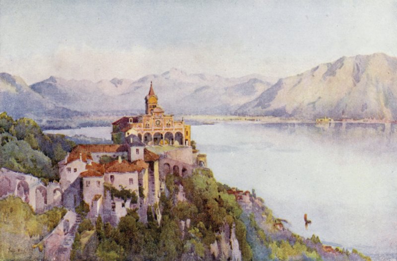 Madonna del Sasso, Locarno, Maggiore-järvi (väri litho) tekijältä Ella Du Cane