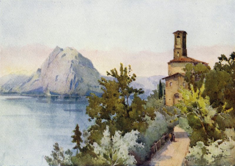 Monte San Salvatore, Luganojärvi (väri litho) tekijältä Ella Du Cane