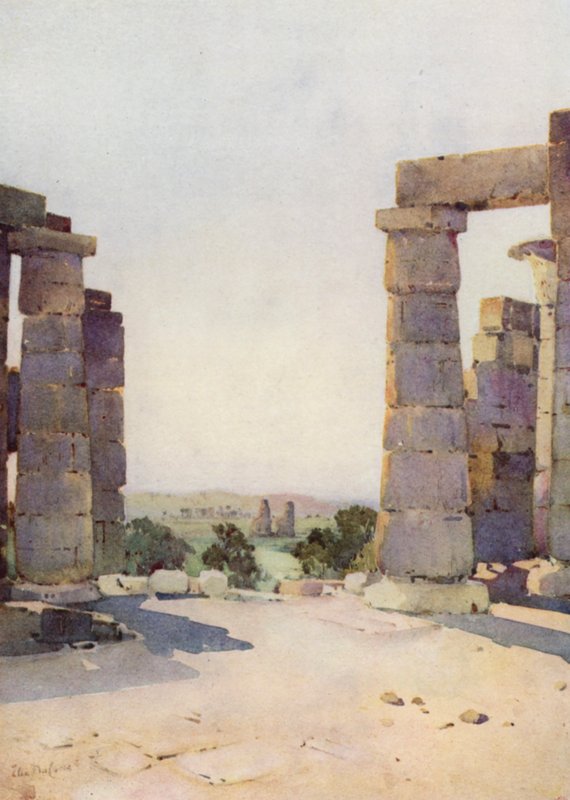 Els colosos del Ramesseum a primera hora del matí (litografia de color) finlandès tekijältä Ella Du Cane